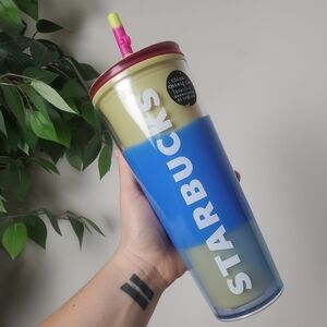 Starbucks Venti 24oz Blue Yellow Color Changing Tumbler With Straw Topper